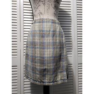 Eddie Bauer Wrap Skirt Women's Size 8 (26" Waist) Beige Blue Plaid Linen Blend
